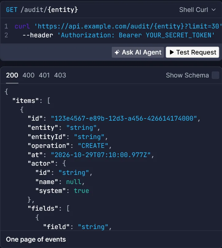 Documentação OpenAPI publicada com o Scalar, mostrando a rota de histórico de auditoria, um exemplo de chamada e a resposta.