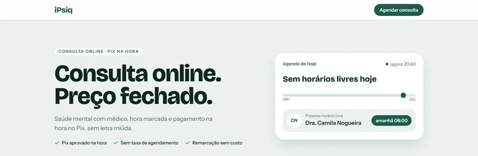 iPsiq public home page with the value proposition and the next available slot