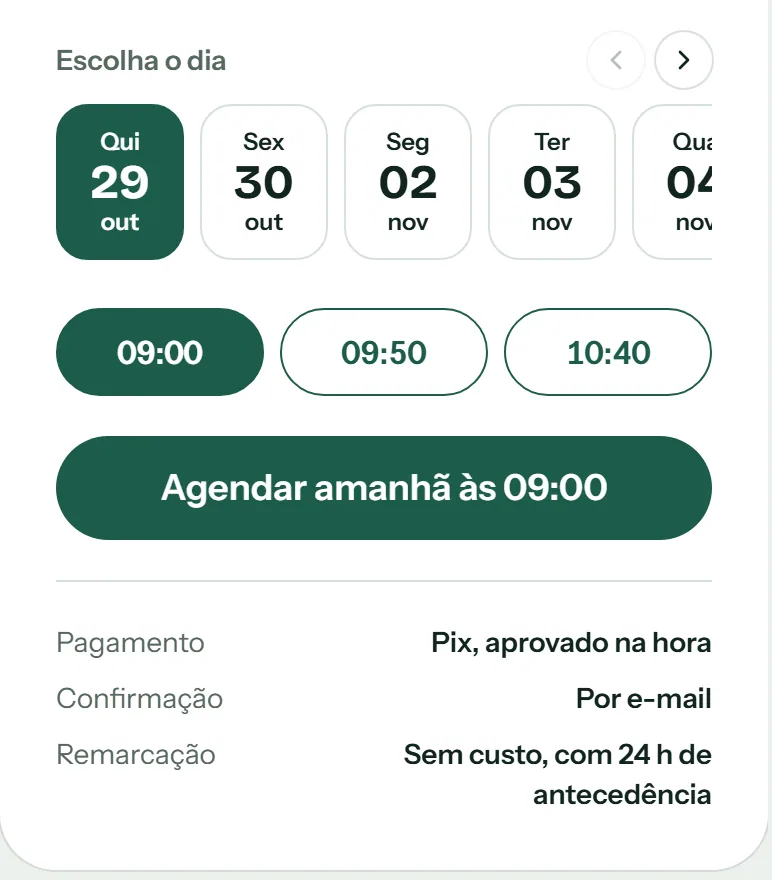 Day and time picker on a doctor's page, with the booking button