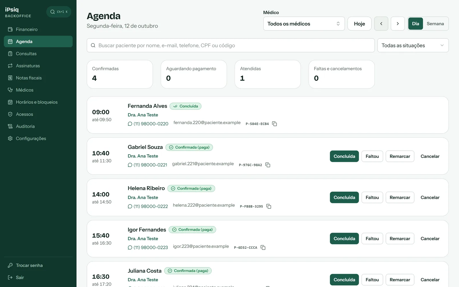 Back-office day agenda, showing each appointment's status and quick actions