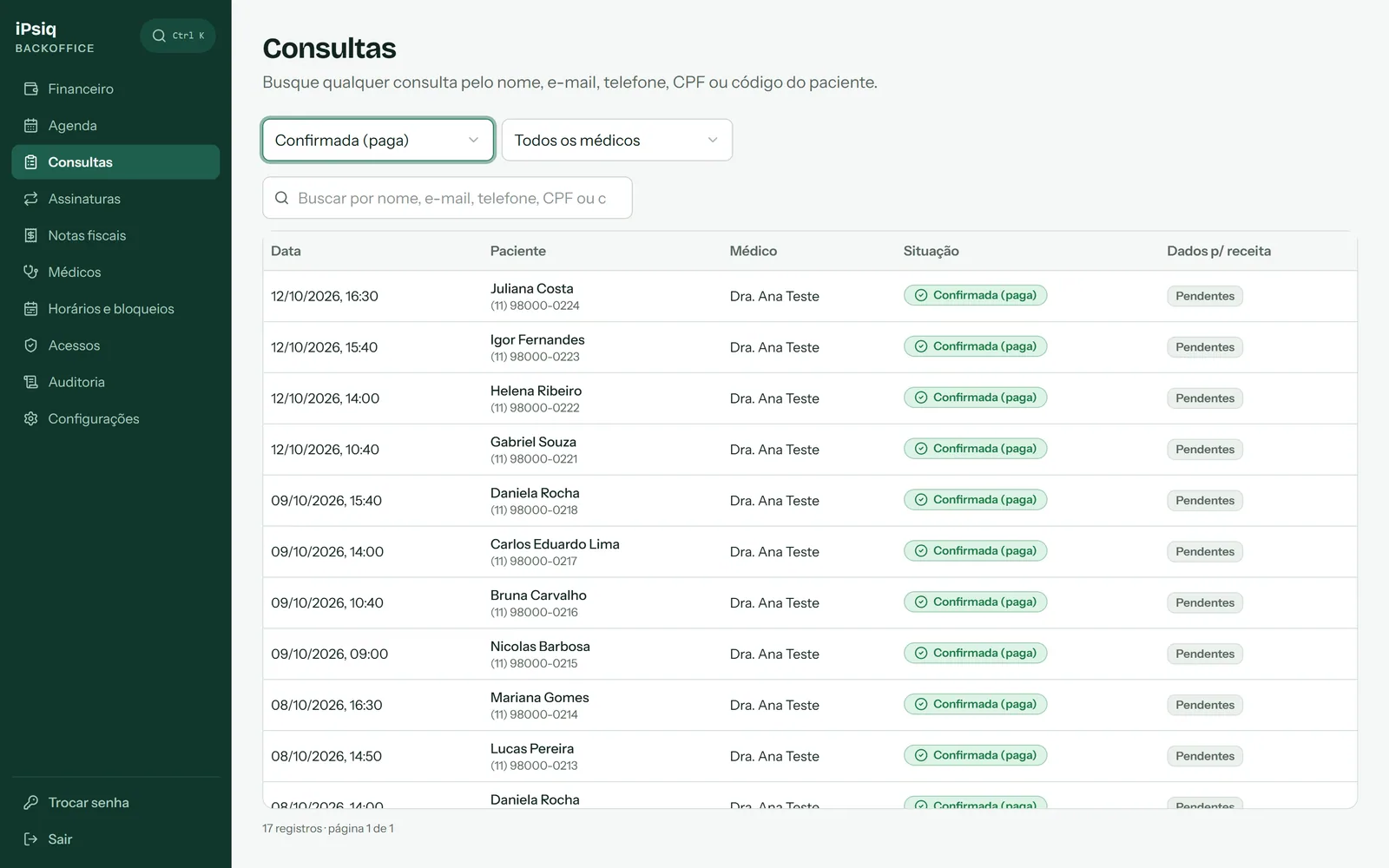 Back-office appointment list filtered by status