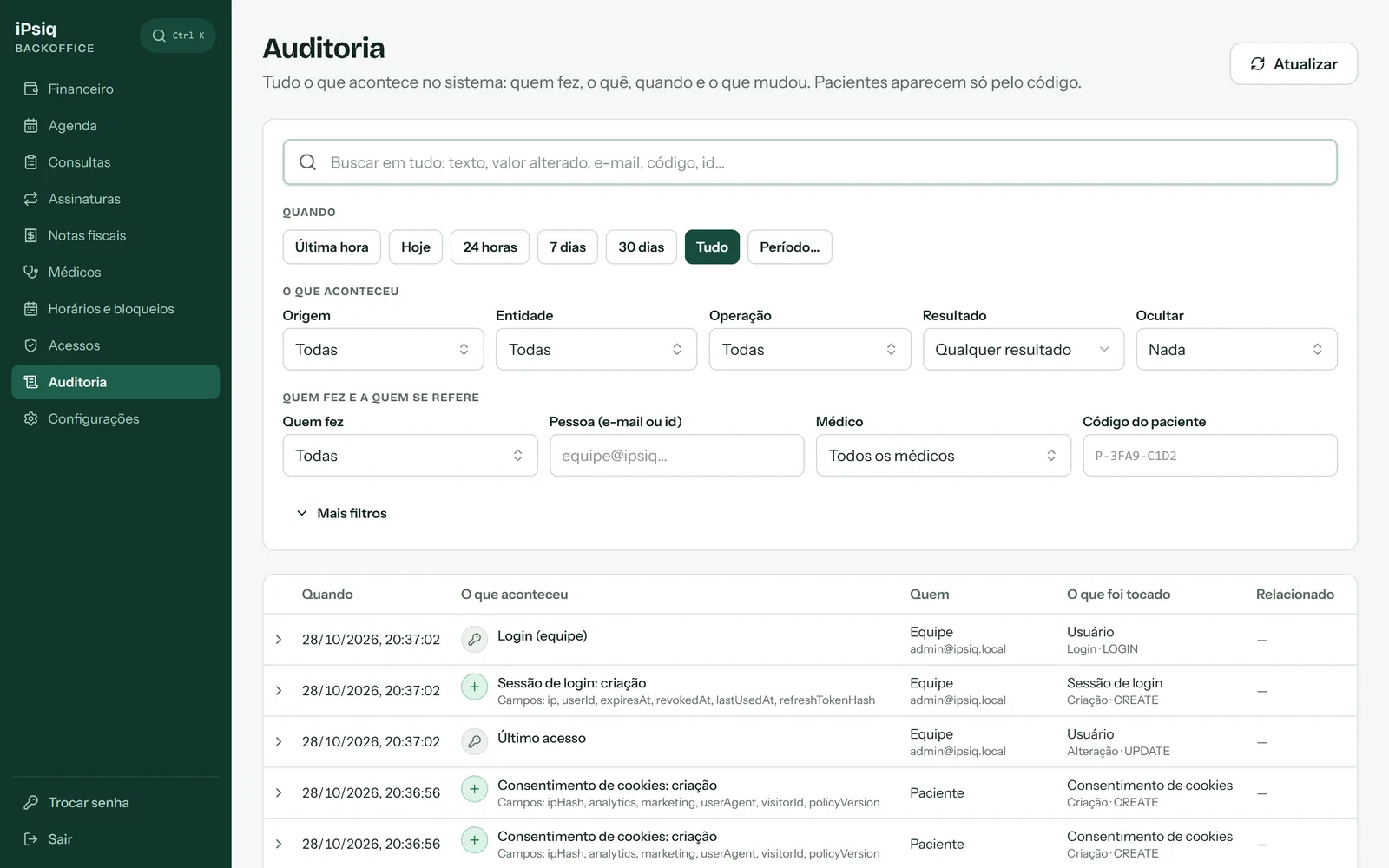 Audit screen with filters by period, source, entity and operation