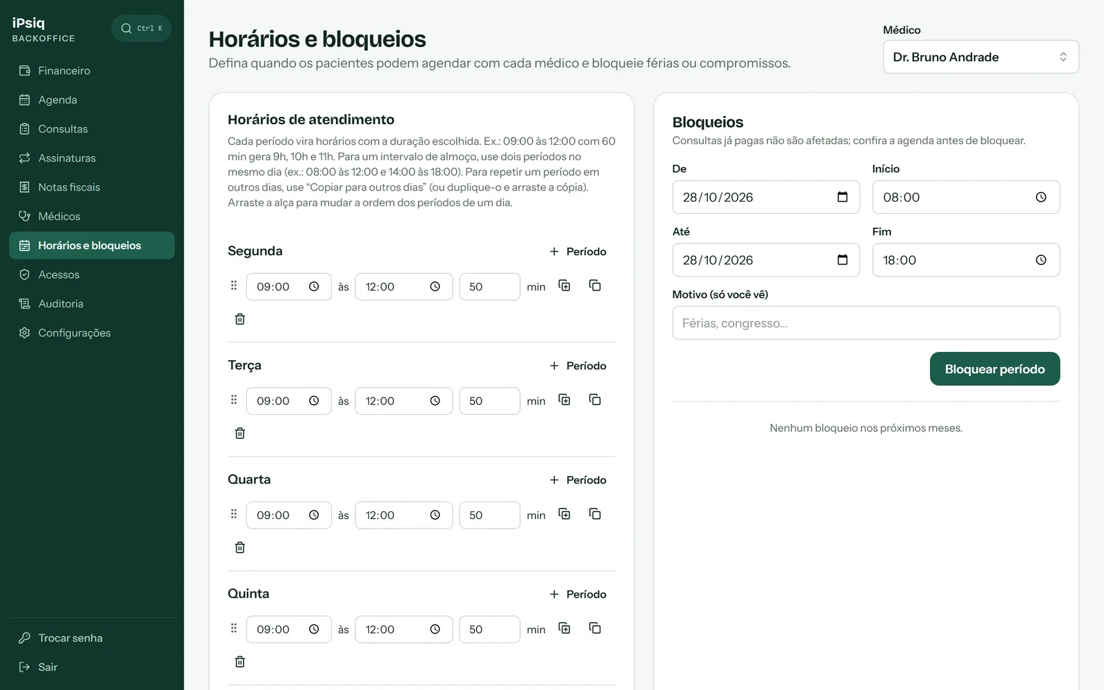 Weekly availability by weekday and a blocked-time form