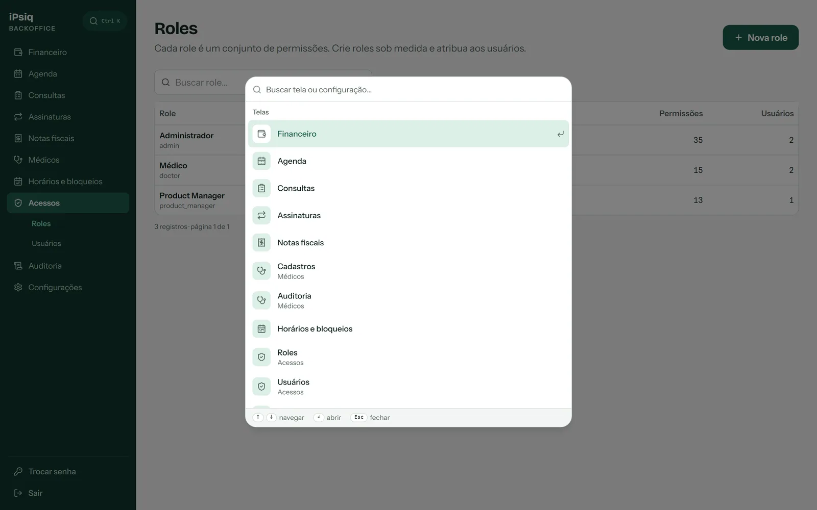 Command palette open over the roles list
