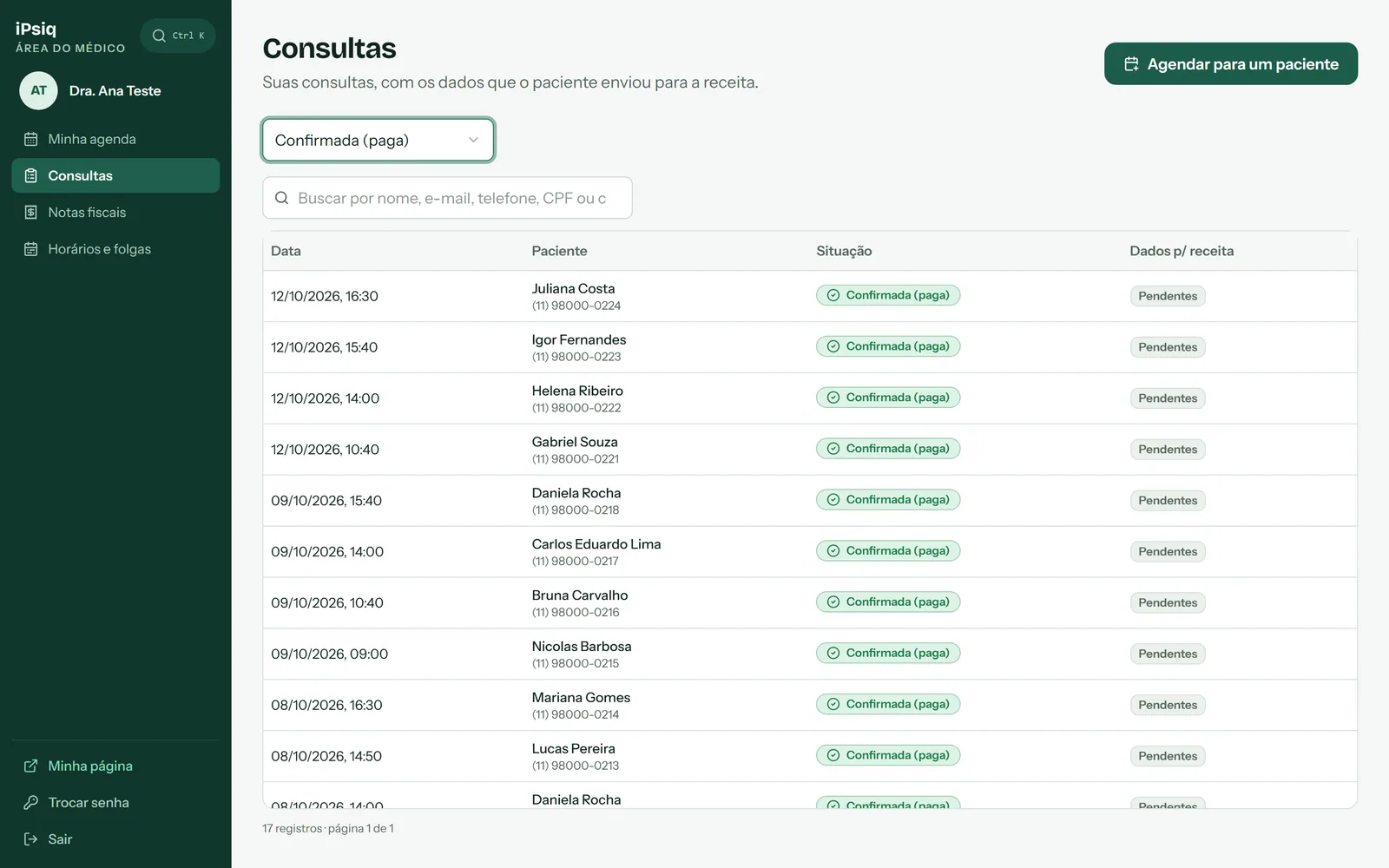 Professional's appointment list filtered by status