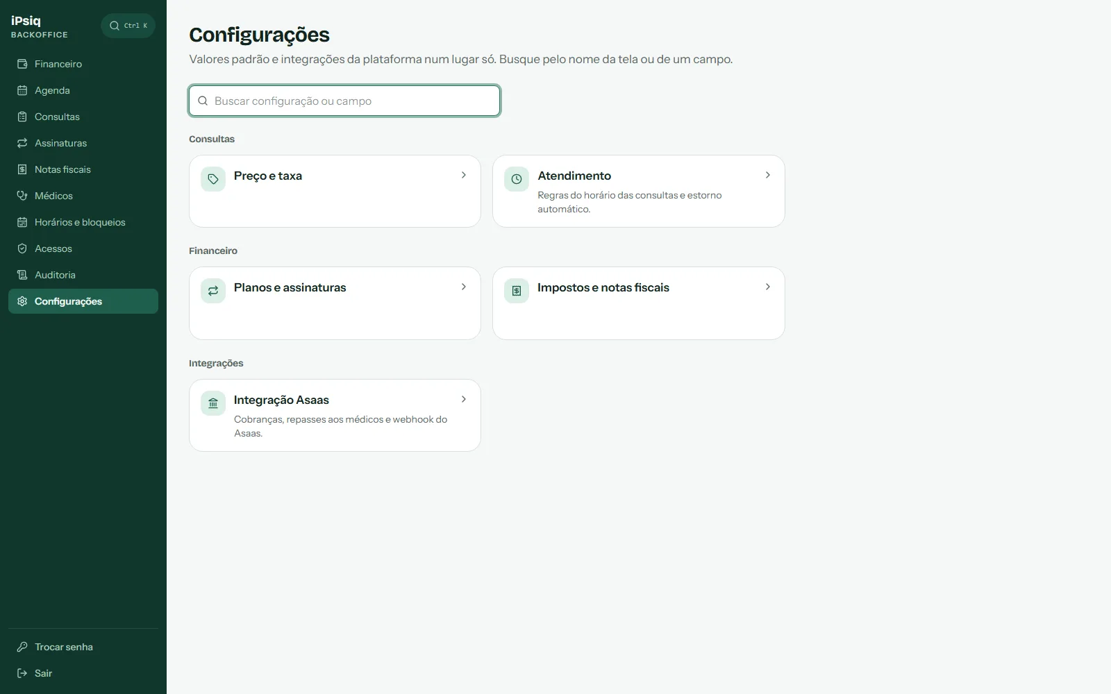 Menu inicial das configurações, com as telas agrupadas em Consultas, Financeiro e Integrações e uma busca por tela ou campo