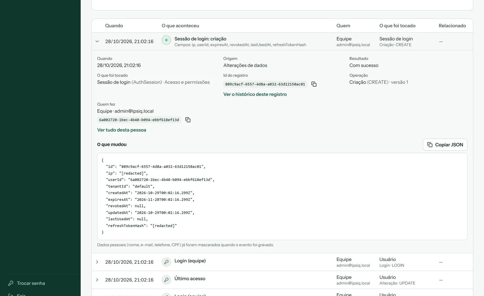 Detail of an audit event with the record version and the JSON of what changed, with IP and hash masked